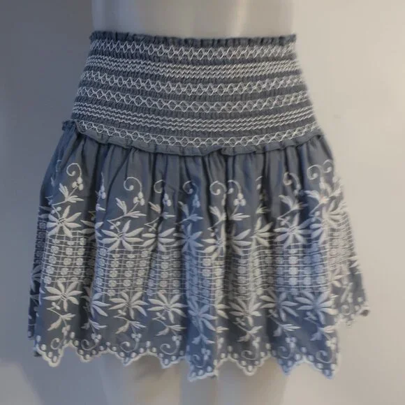 Womens LoveShackFancy Georgia Light Indigo Blue White Embroidered A-Line Skirt 0 - Picture 4 of 8